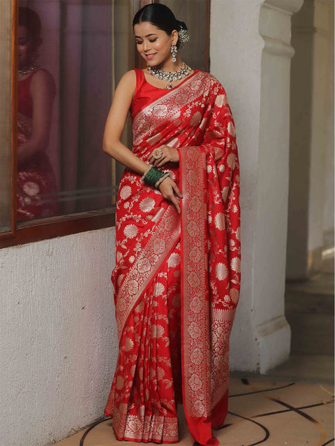 VastraLakshmi Sumptuous Red Soft Silk Saree With Symmetrical Blouse Piece