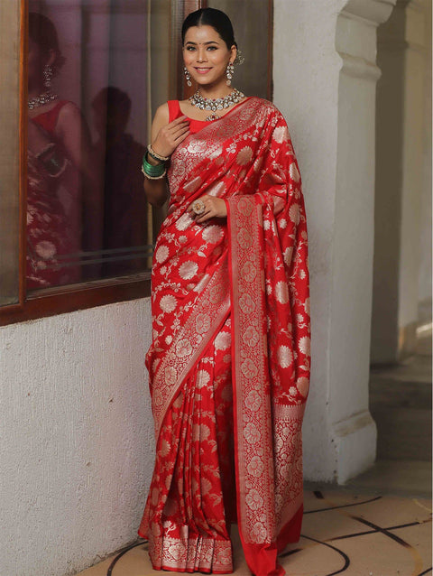 VastraLakshmi Sumptuous Red Soft Silk Saree With Symmetrical Blouse Piece