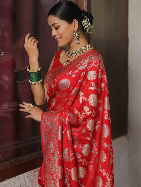 VastraLakshmi Sumptuous Red Soft Silk Saree With Symmetrical Blouse Piece