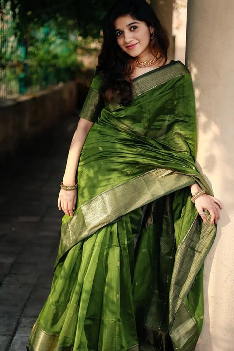 VastraLakshmi Dazzling Green Cotton Silk Saree With Beautiful Blouse Piece