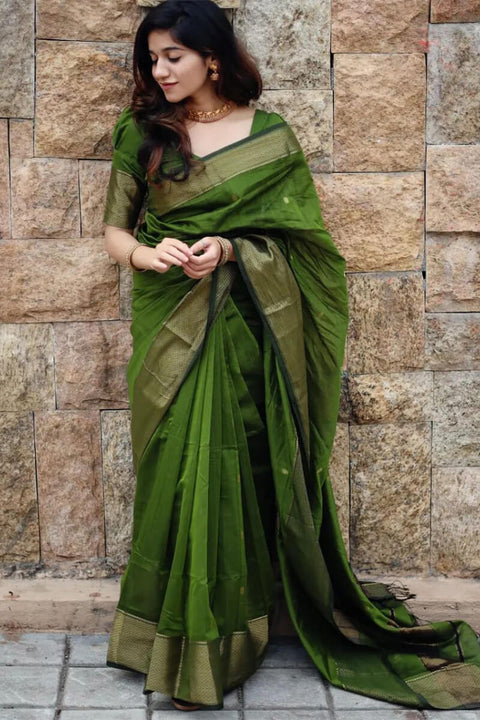 VastraLakshmi Dazzling Green Cotton Silk Saree With Beautiful Blouse Piece