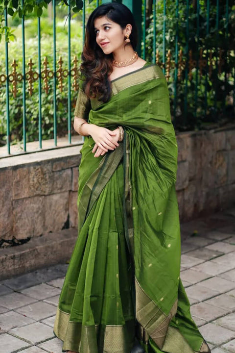 VastraLakshmi Dazzling Green Cotton Silk Saree With Beautiful Blouse Piece