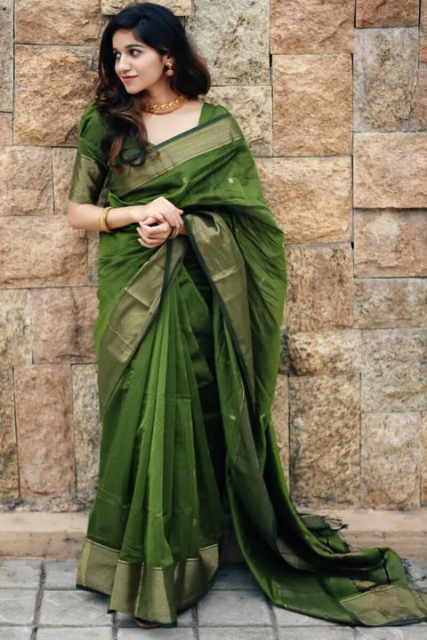 VastraLakshmi Dazzling Green Cotton Silk Saree With Beautiful Blouse Piece