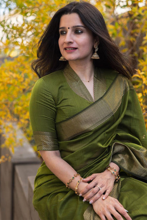 VastraLakshmi Lissome Green Cotton Silk Saree With Ratatouille Blouse Piece