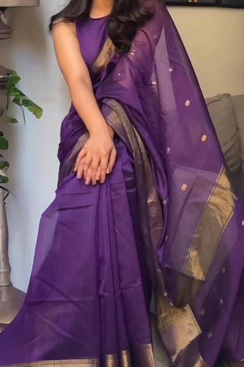 VastraLakshmi Groovy Purple Cotton Silk Saree With Adoring Blouse Piece