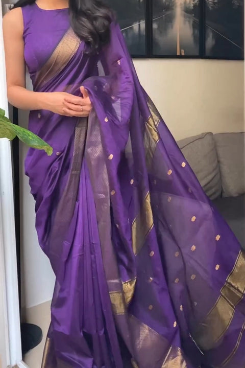 VastraLakshmi Groovy Purple Cotton Silk Saree With Adoring Blouse Piece