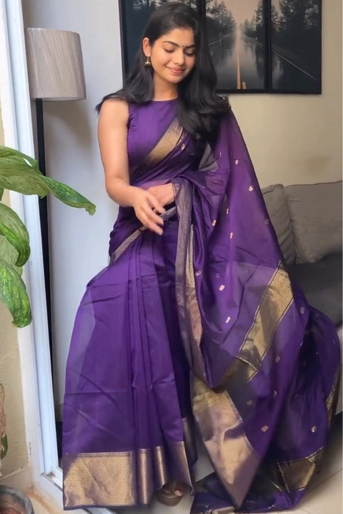 VastraLakshmi Groovy Purple Cotton Silk Saree With Adoring Blouse Piece