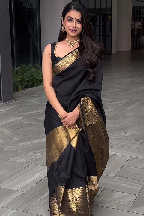 VastraLakshmi Appealing Black Soft Silk Saree With Prominent Blouse Piece