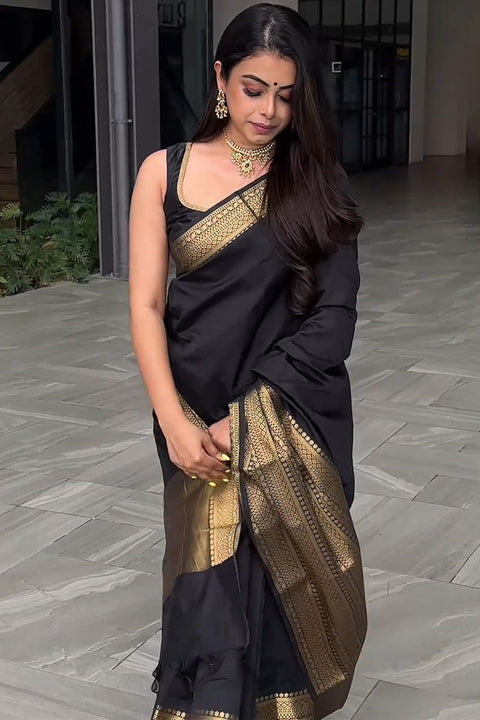 VastraLakshmi Appealing Black Soft Silk Saree With Prominent Blouse Piece