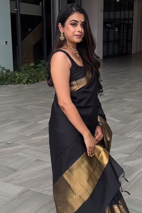 VastraLakshmi Appealing Black Soft Silk Saree With Prominent Blouse Piece