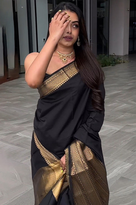 VastraLakshmi Appealing Black Soft Silk Saree With Prominent Blouse Piece