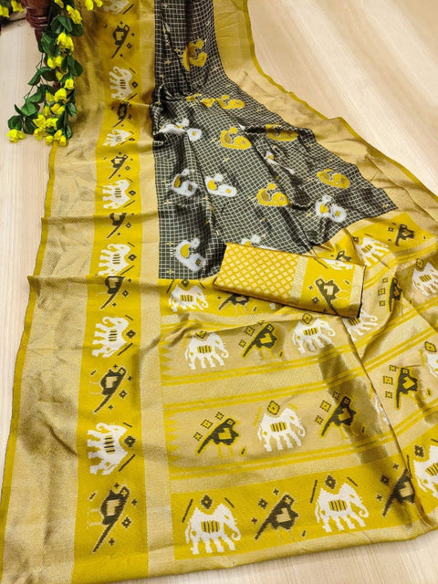 VastraLakshmi Majesty Black and Yellow Soft Silk Saree With Ravishing Blouse Piece