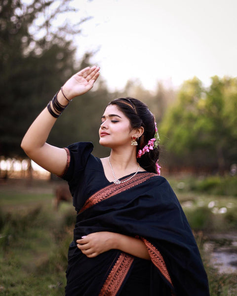 VastraLakshmi Skinny Black Soft Banarasi Silk Saree With Beauteous Blouse Piece