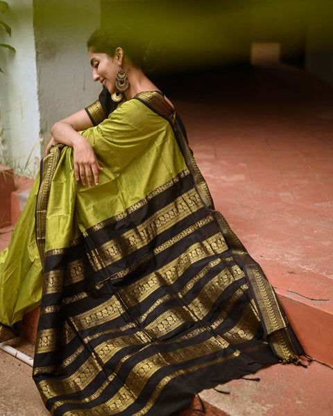 VastraLakshmi Phenomenal Mehndi Soft Banarasi Silk Saree With Beauteous Blouse Piece