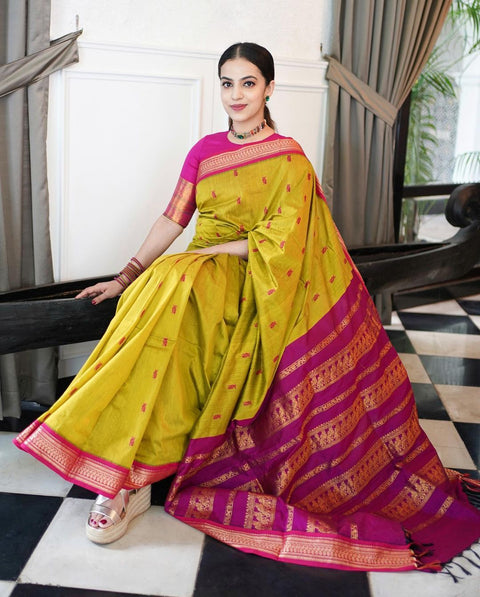 VastraLakshmi Elegant Mustard Soft Banarasi Silk Saree With Amazing Blouse Piece