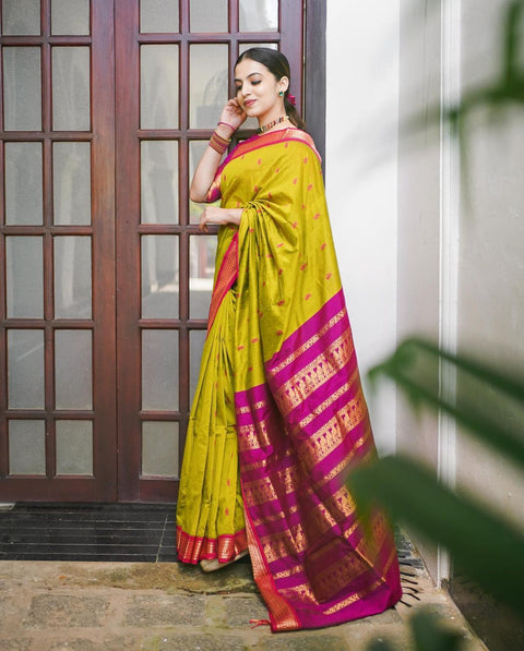 VastraLakshmi Elegant Mustard Soft Banarasi Silk Saree With Amazing Blouse Piece