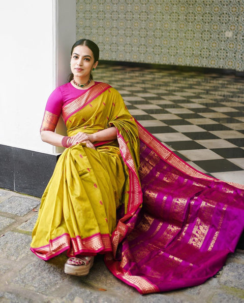 VastraLakshmi Elegant Mustard Soft Banarasi Silk Saree With Amazing Blouse Piece