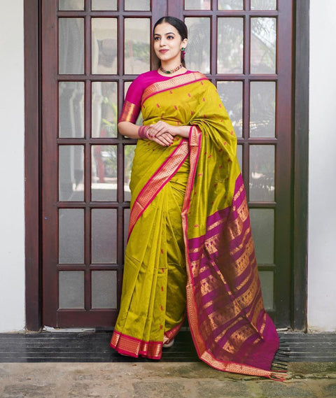 VastraLakshmi Elegant Mustard Soft Banarasi Silk Saree With Amazing Blouse Piece