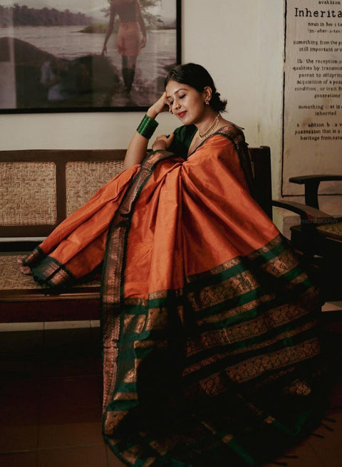 VastraLakshmi Deserving Orange Soft Banarasi Silk Saree With Beauteous Blouse Piece