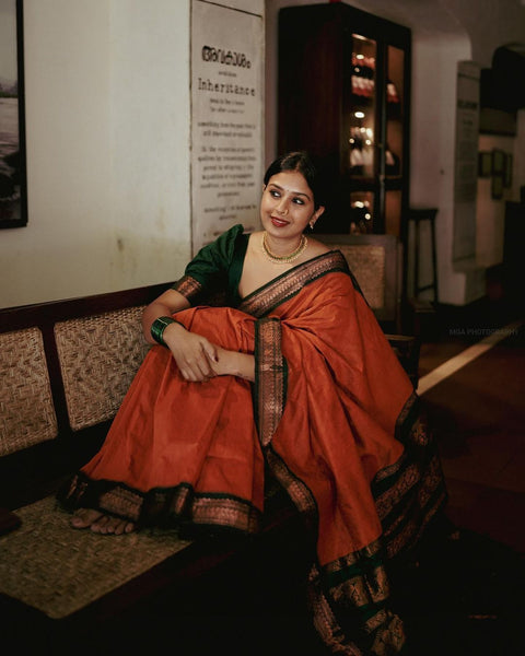 VastraLakshmi Deserving Orange Soft Banarasi Silk Saree With Beauteous Blouse Piece