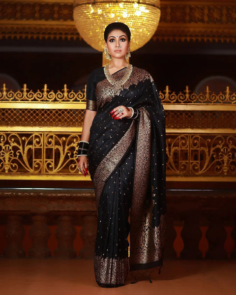 VastraLakshmi Outstanding Black Soft Banarasi Silk Saree With Angelic Blouse Piece