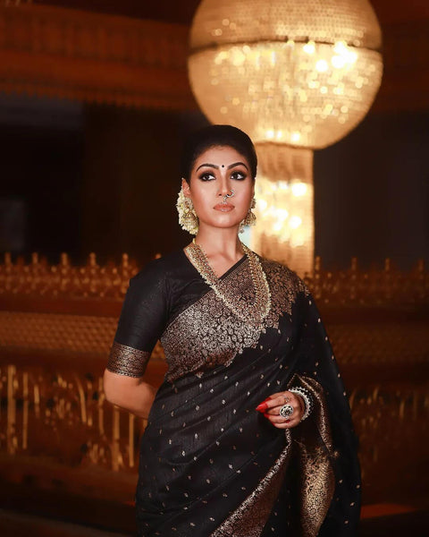 VastraLakshmi Outstanding Black Soft Banarasi Silk Saree With Angelic Blouse Piece