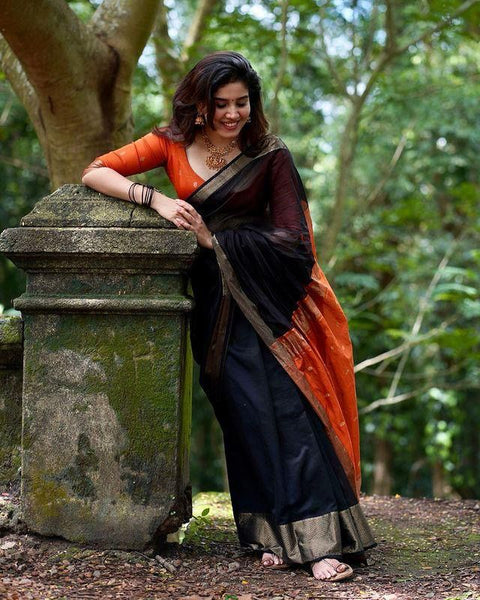 VastraLakshmi Ravishing Black Soft Silk Saree With Enthralling Blouse Piece