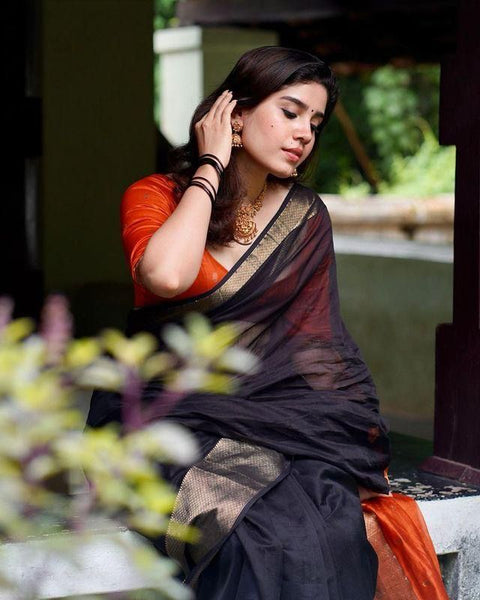 VastraLakshmi Ravishing Black Soft Silk Saree With Enthralling Blouse Piece