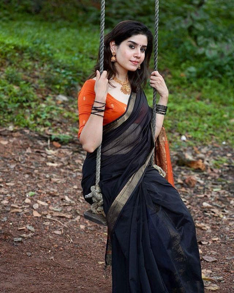 VastraLakshmi Ravishing Black Soft Silk Saree With Enthralling Blouse Piece