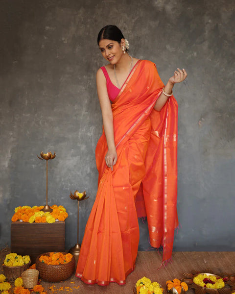 VastraLakshmi Susurrous Orange Cotton Silk Saree With Enthralling Blouse Piece