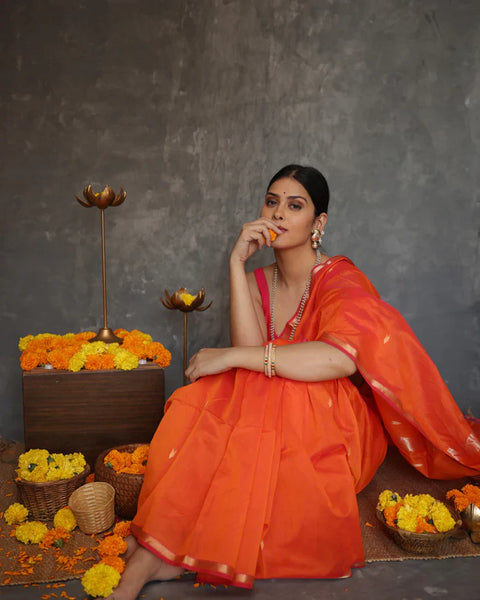 VastraLakshmi Susurrous Orange Cotton Silk Saree With Enthralling Blouse Piece