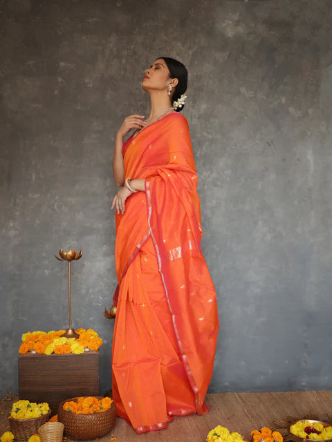 VastraLakshmi Susurrous Orange Cotton Silk Saree With Enthralling Blouse Piece