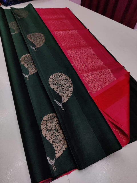 VastraLakshmi Precious Dark Green Soft Silk Saree With Beautiful Blouse Piece