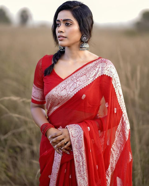 VastraLakshmi Designer Red Soft Silk Saree With Arresting Blouse Piece