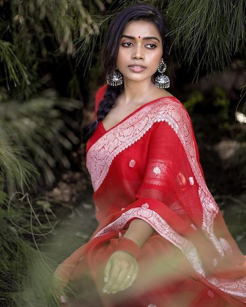 VastraLakshmi Designer Red Soft Silk Saree With Arresting Blouse Piece