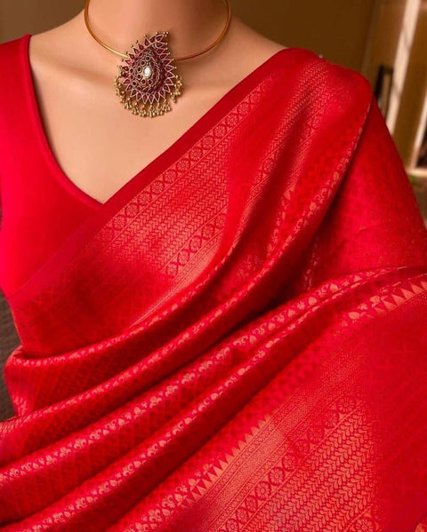 VastraLakshmi Flameboyant Red Soft Silk Saree With Demure Blouse Piece