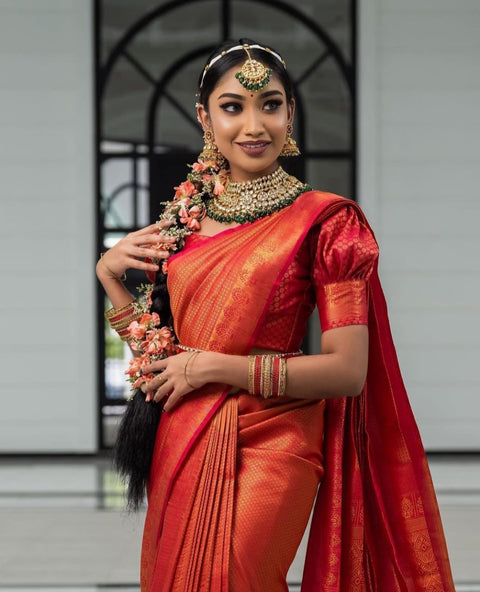 VastraLakshmi Deserving Red Soft Silk Saree with Energetic Blouse Piece