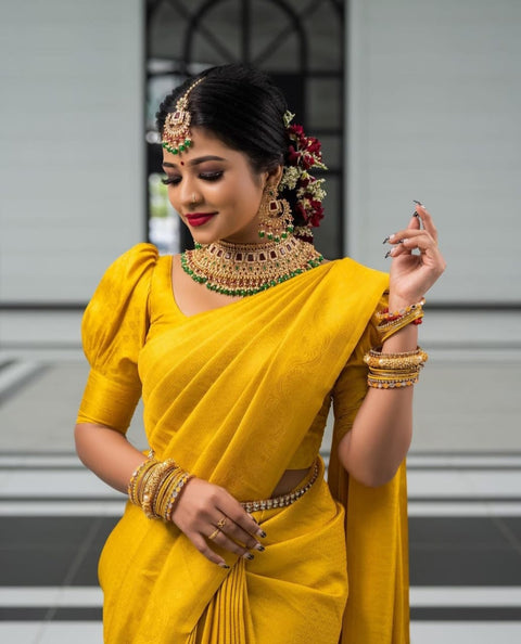 VastraLakshmi Deserving Yellow Soft Silk Saree with Energetic Blouse Piece