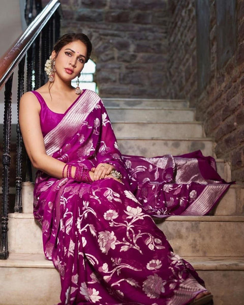 VastraLakshmi Stunning Purple Banarasi Silk Saree With Lovely Blouse Piece