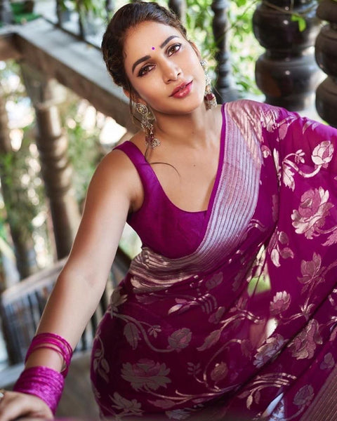 VastraLakshmi Stunning Purple Banarasi Silk Saree With Lovely Blouse Piece