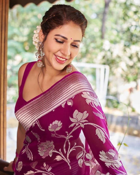 VastraLakshmi Stunning Purple Banarasi Silk Saree With Lovely Blouse Piece