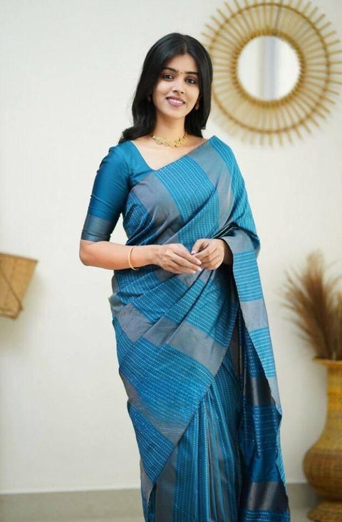 VastraLakshmi Sumptuous Firozi Soft Silk Saree With Enchanting Blouse Piece