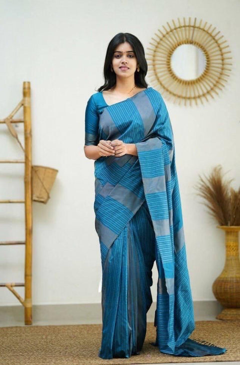 VastraLakshmi Sumptuous Firozi Soft Silk Saree With Enchanting Blouse Piece