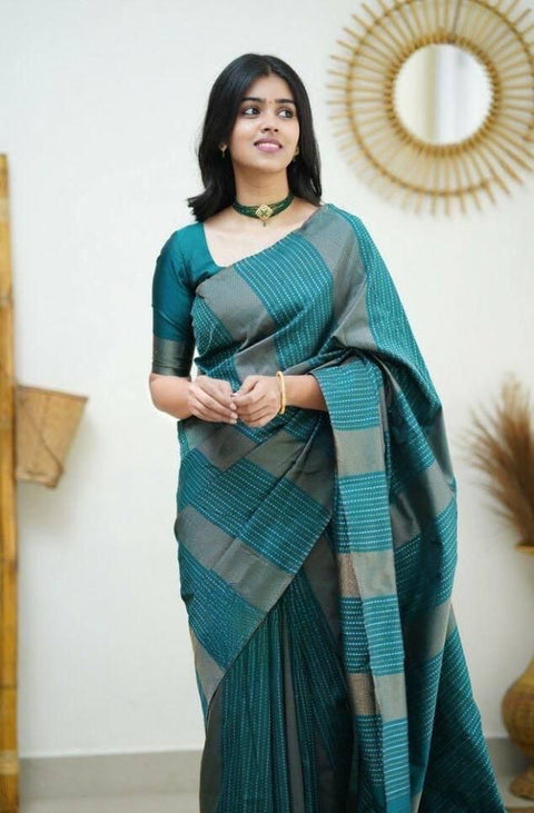 VastraLakshmi Efflorescence Rama Soft Silk Saree With Chatoyant Blouse Piece