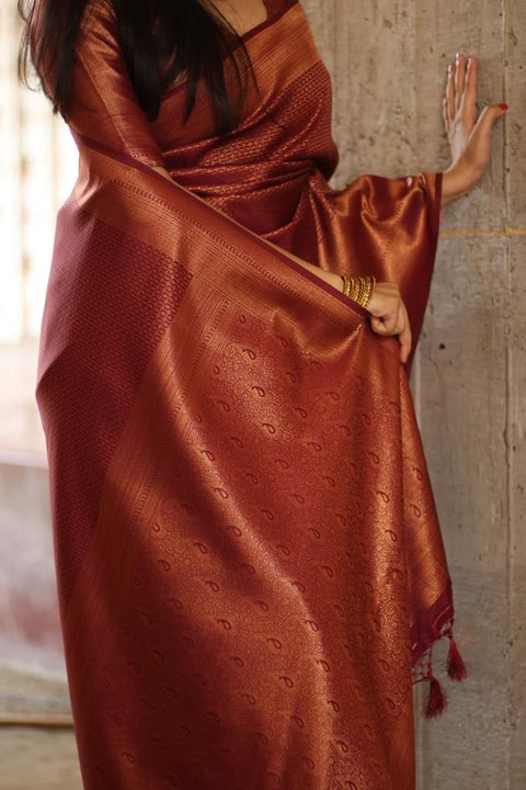 VastraLakshmi Sumptuous Wine Soft Silk Saree With Pleasurable Blouse Piece