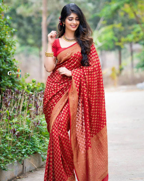 VastraLakshmi Stylish Red Soft Silk Saree With Unique Pink Blouse Piece