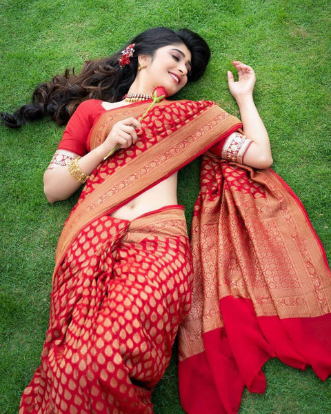 VastraLakshmi Stylish Red Soft Silk Saree With Unique Pink Blouse Piece