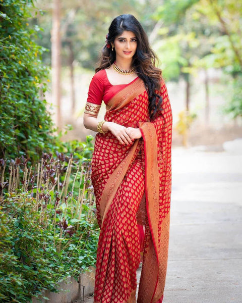 VastraLakshmi Stylish Red Soft Silk Saree With Unique Pink Blouse Piece