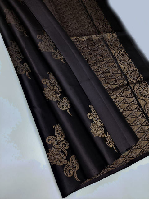 VastraLakshmi Petrichor Black Soft Silk Saree With Rhapsodic Blouse Piece