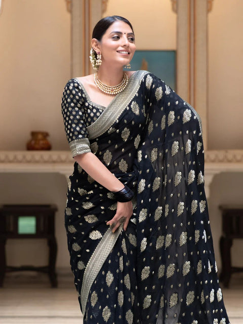 VastraLakshmi Beautiful Black Soft Banarasi Silk Saree With Desiring Blouse Piece